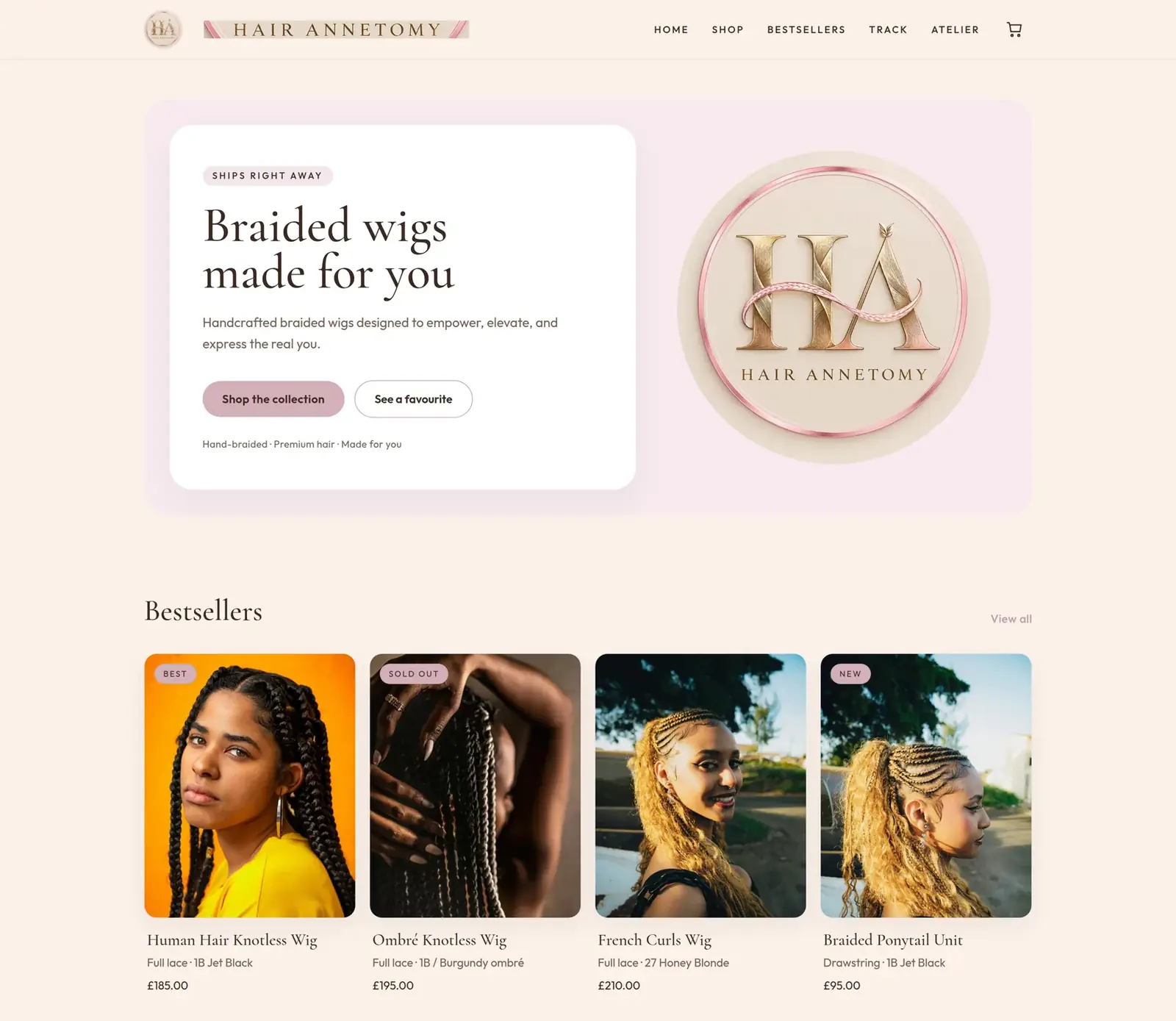 HAIR ANNETOMY shop homepage on a cream ground, with a dusty rose accent and braided wigs made to order.
