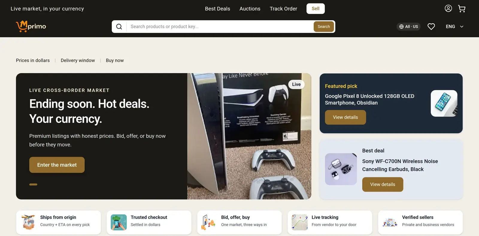 MPrimo marketplace homepage: search across countries and a row of products on mprimo.com.